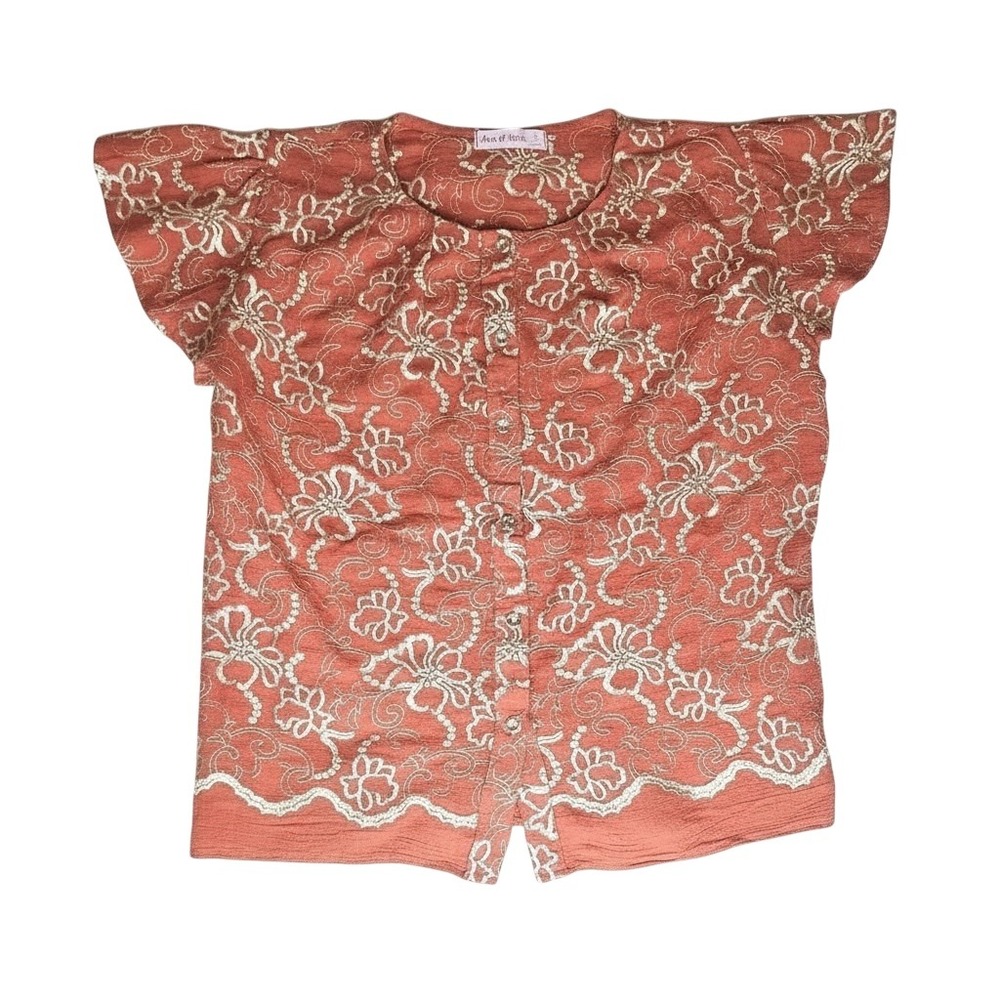 Ana Rose Embroidered Floral Blouse S Orange Short Sleeve Scalloped Hem Top